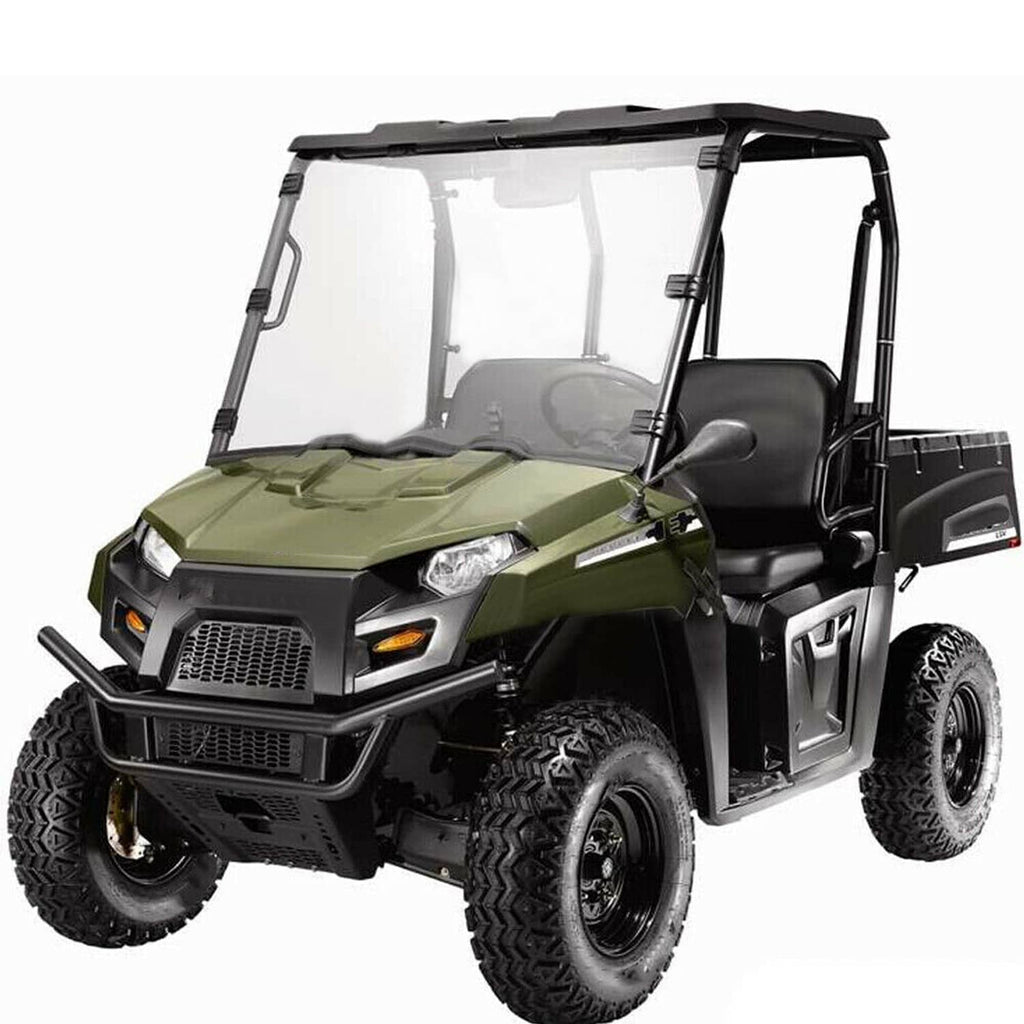Clear full windshield installed on a green midsize utility side-by-side with roof frame