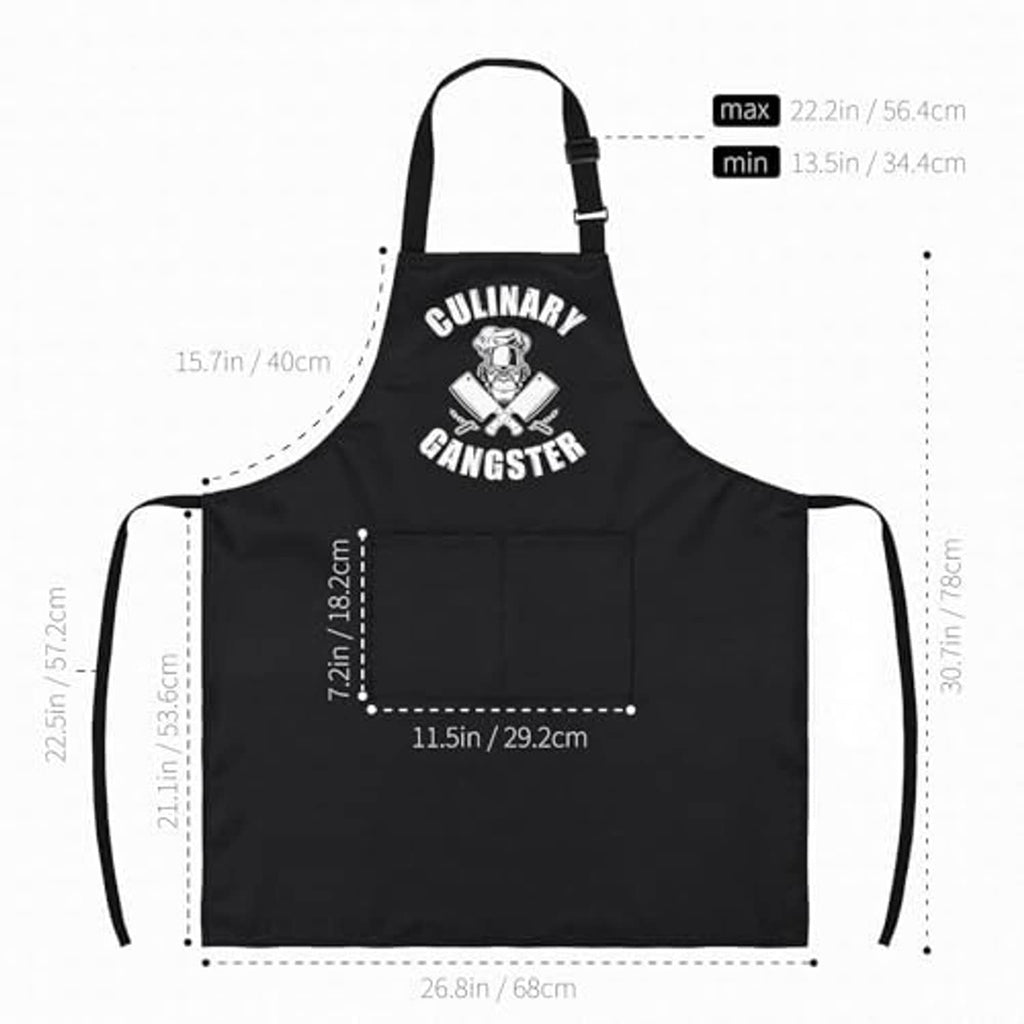 Black apron template with 'Culinary Gangster' logo, neck strap and waist ties shown