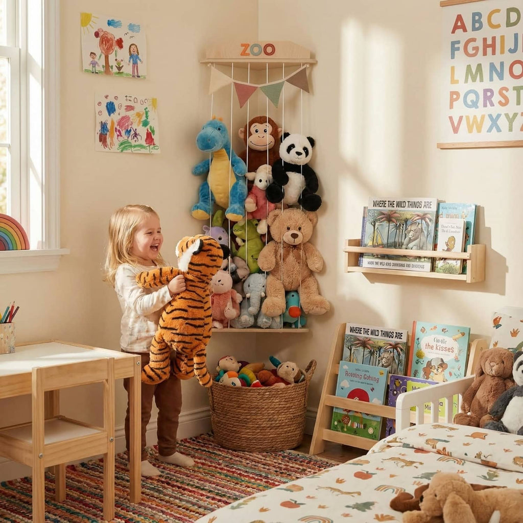Wall-mounted stuffed animal organizer with rope net and wood shelves, holding plush animals
