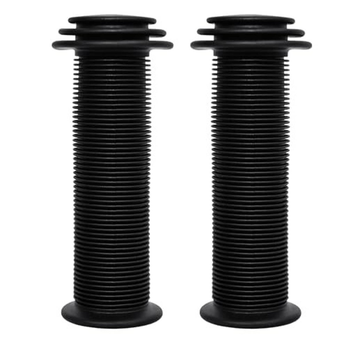 Pair of black ribbed rubber handlebar grips, close-up view