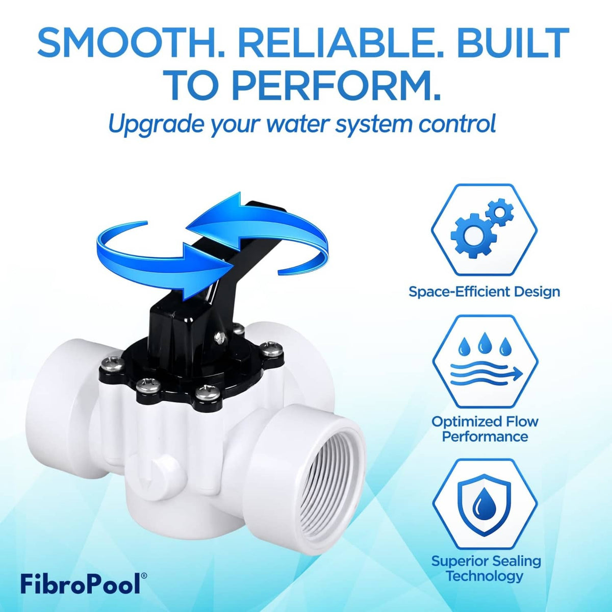 Pool spa diverter valve with black rotating handle and white CPVC body with threaded port