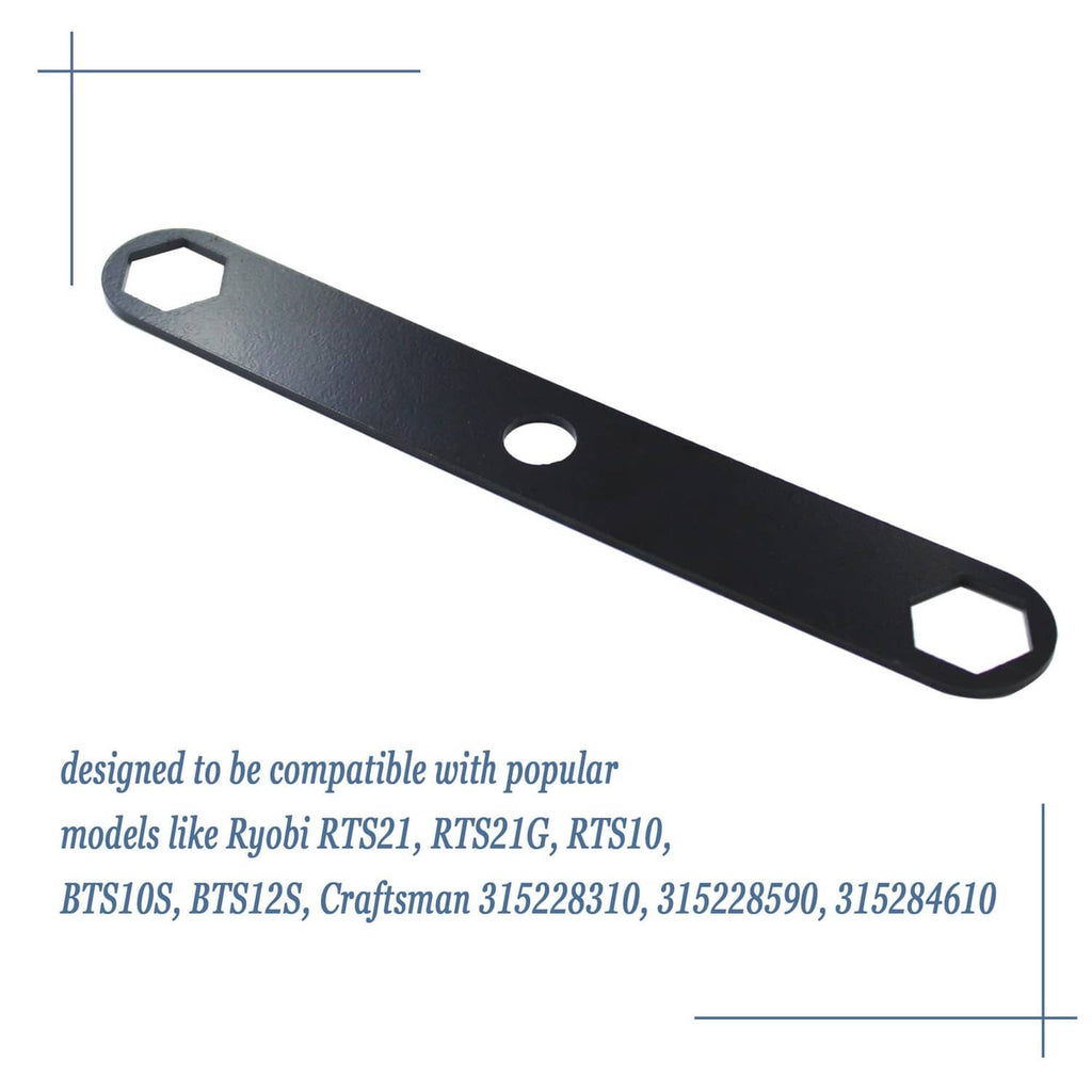 Black table saw blade wrench with hex open end, circular hole, and long bar