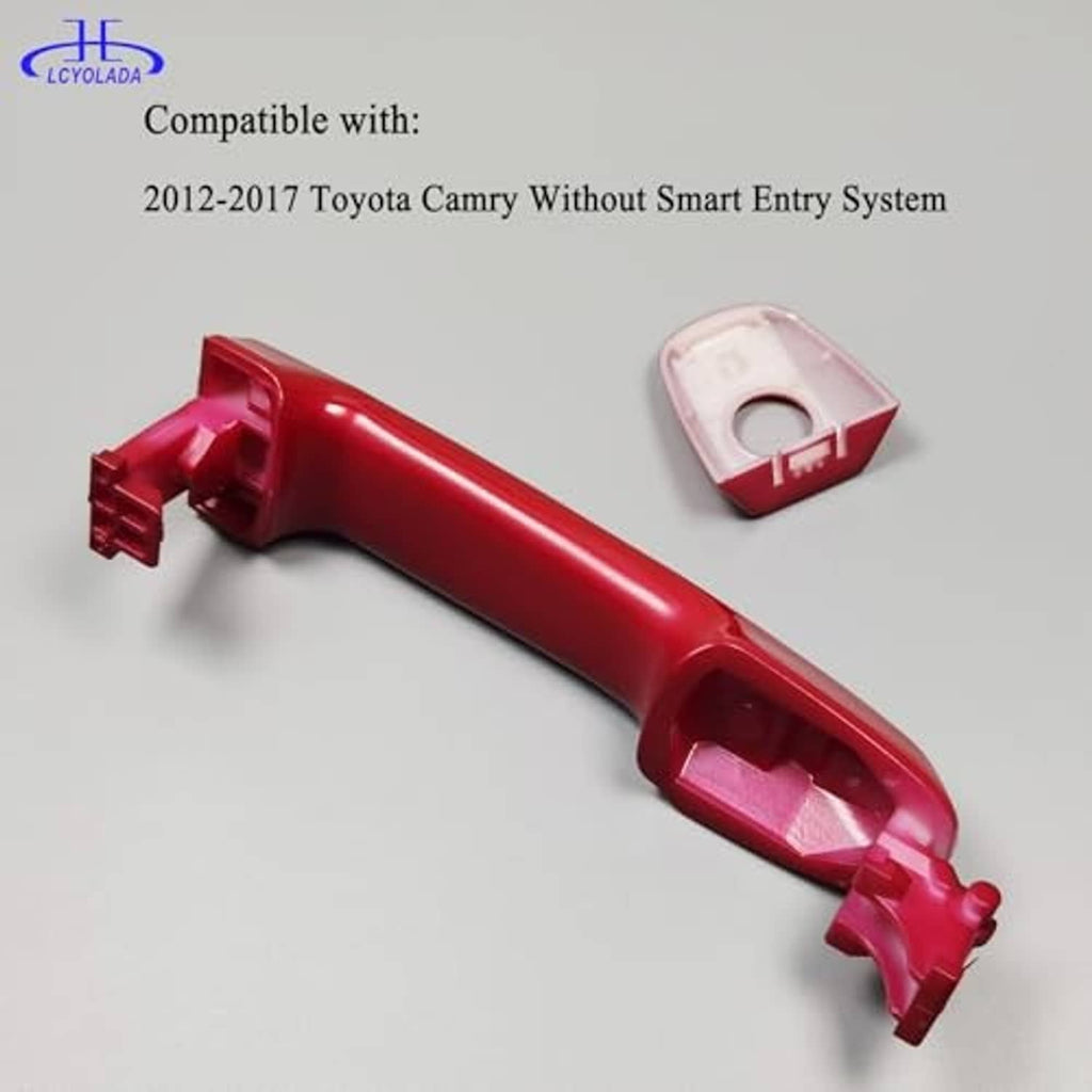 Red exterior door handle with detached keyhole bezel cover piece