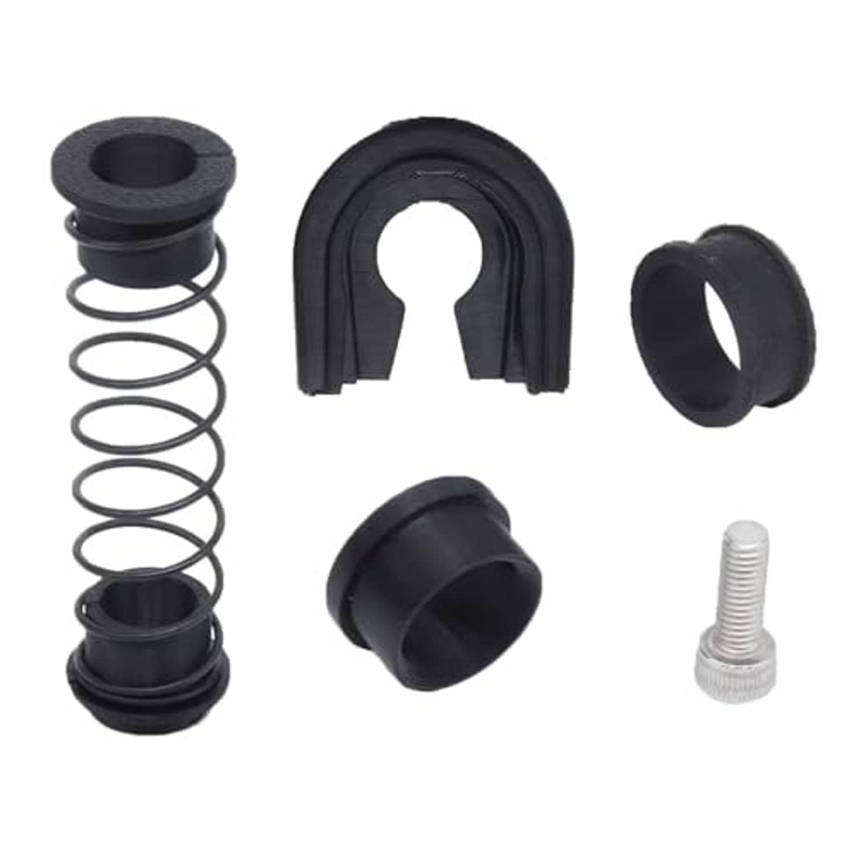 Black gearbox repair kit parts set with spring, U-shaped bushing, sleeve, and screw