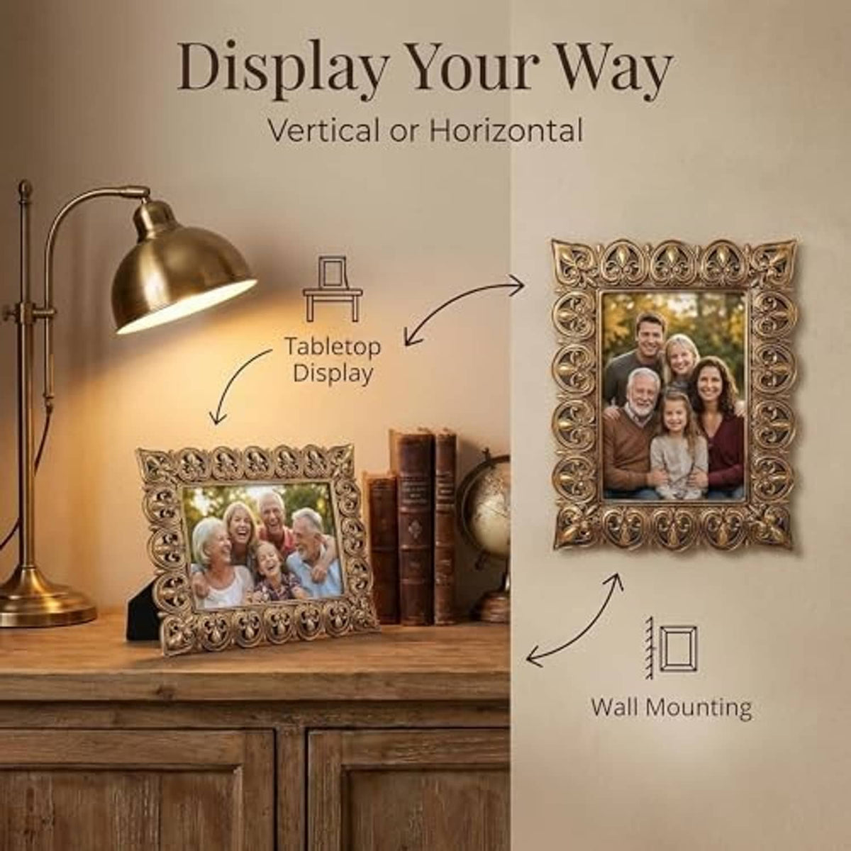 Antique gold scroll photo frame for wall mounting or tabletop display, baroque design