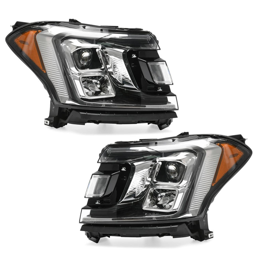 LED headlight pair showing clear projector lenses and amber side markers, black housing