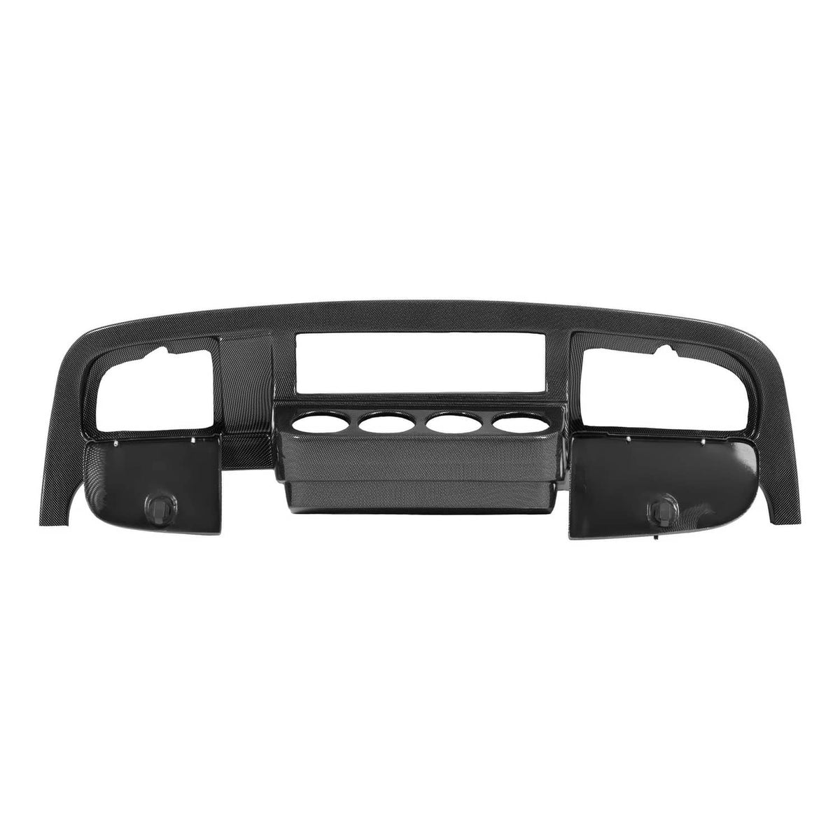 Black dashboard dash cover with four gauge holes and two side mounting pads
