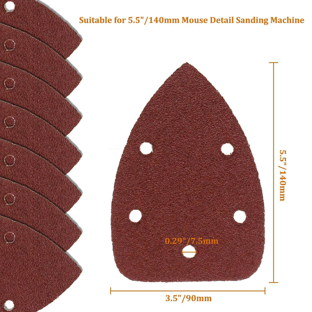 Brown triangular hook-and-loop sanding sheets with 5 dust holes and stacked edges