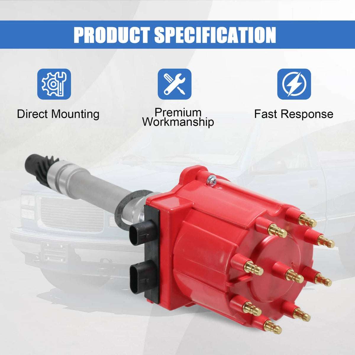 Red ignition distributor with silver shaft, black connectors, and terminal posts