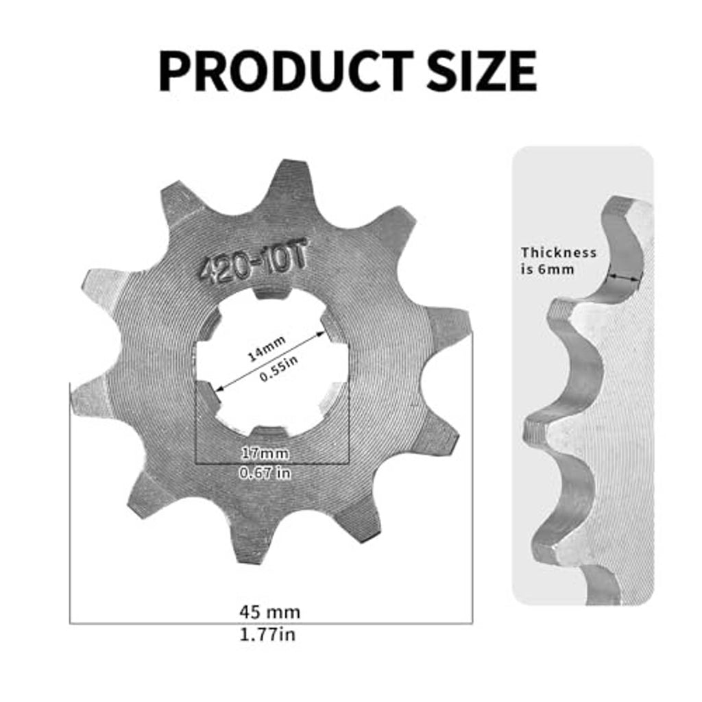 Silver front roller chain sprocket with central hole and gear teeth; size view