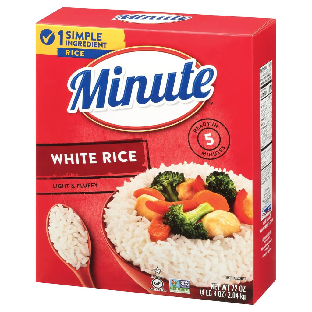 Instant white rice package, ready in minutes, light and fluffy rice blend in a box