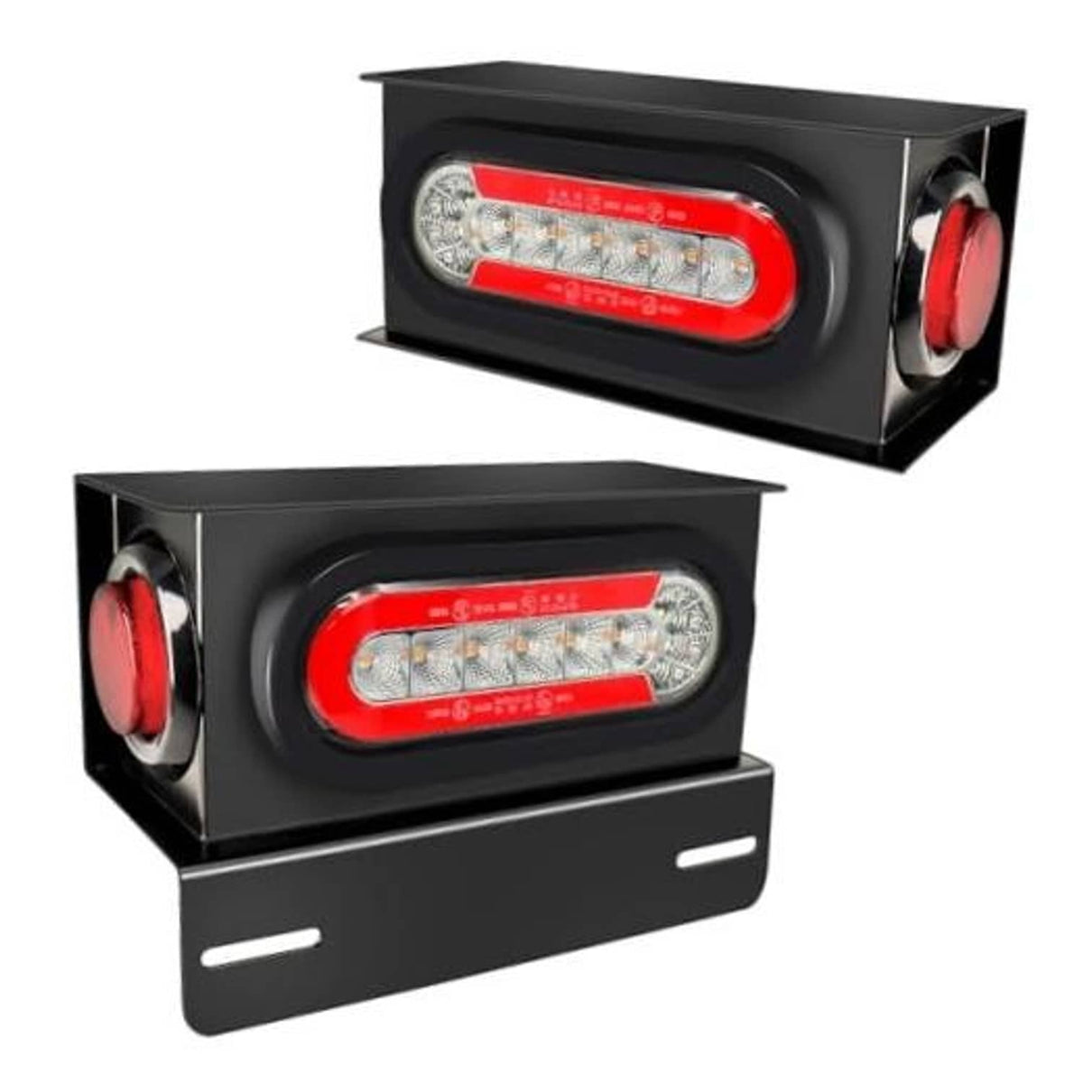 Black rectangular trailer light housing with oval red LED and clear lens, side angle