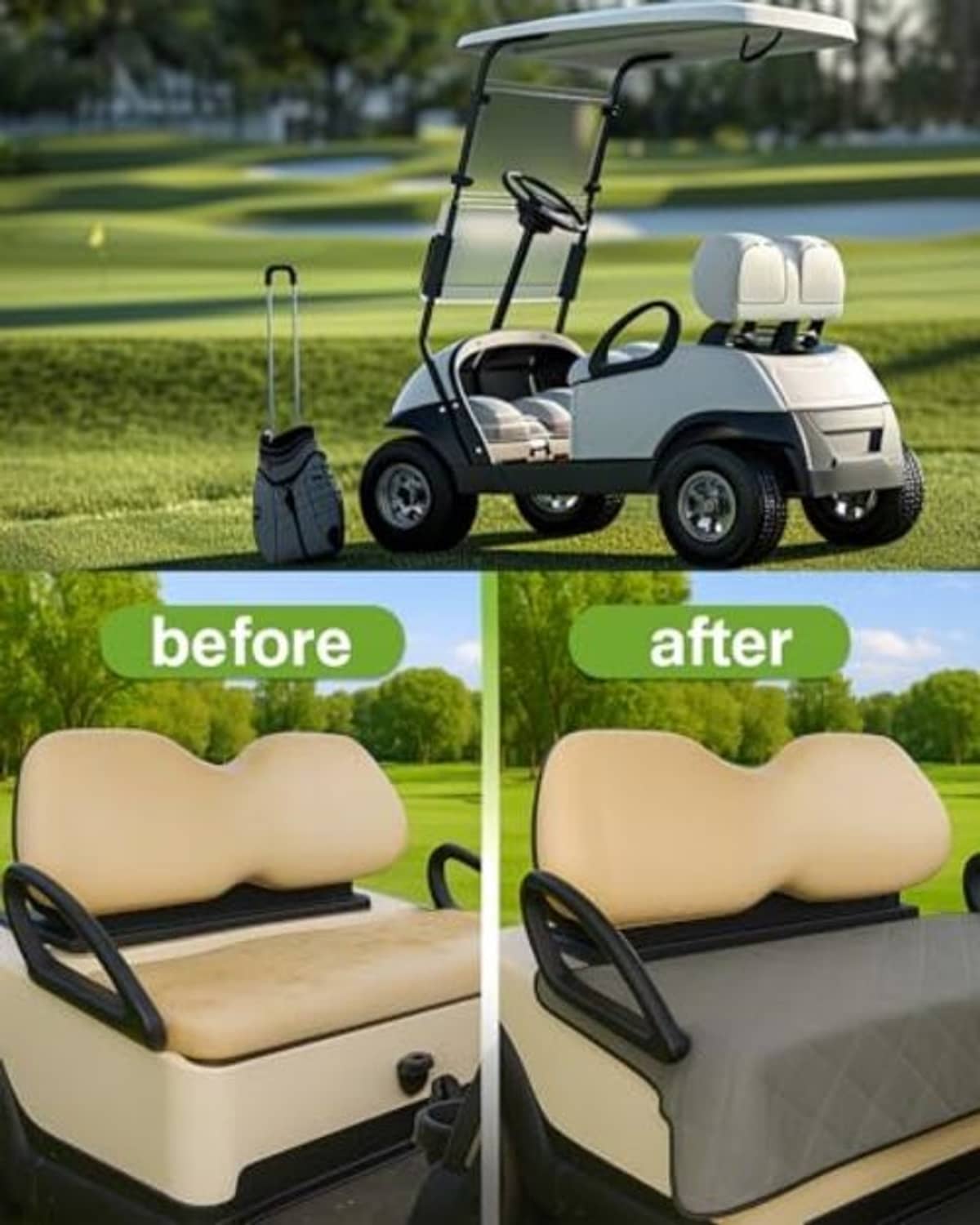 Universal golf cart seat cover blanket in gray quilted fabric with nonskid bottom