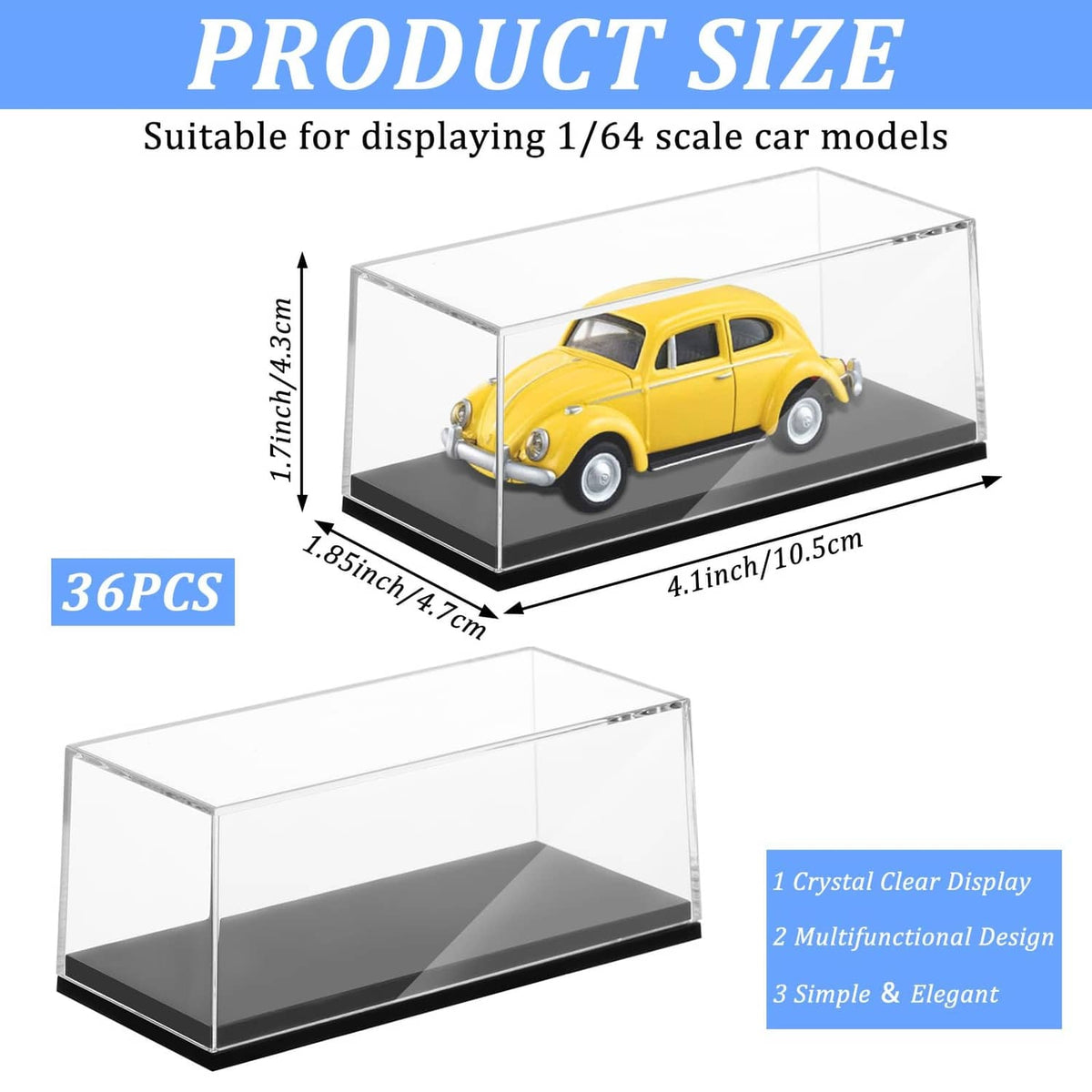 Crystal clear display case for 1/64 model cars with gray base and yellow car inside