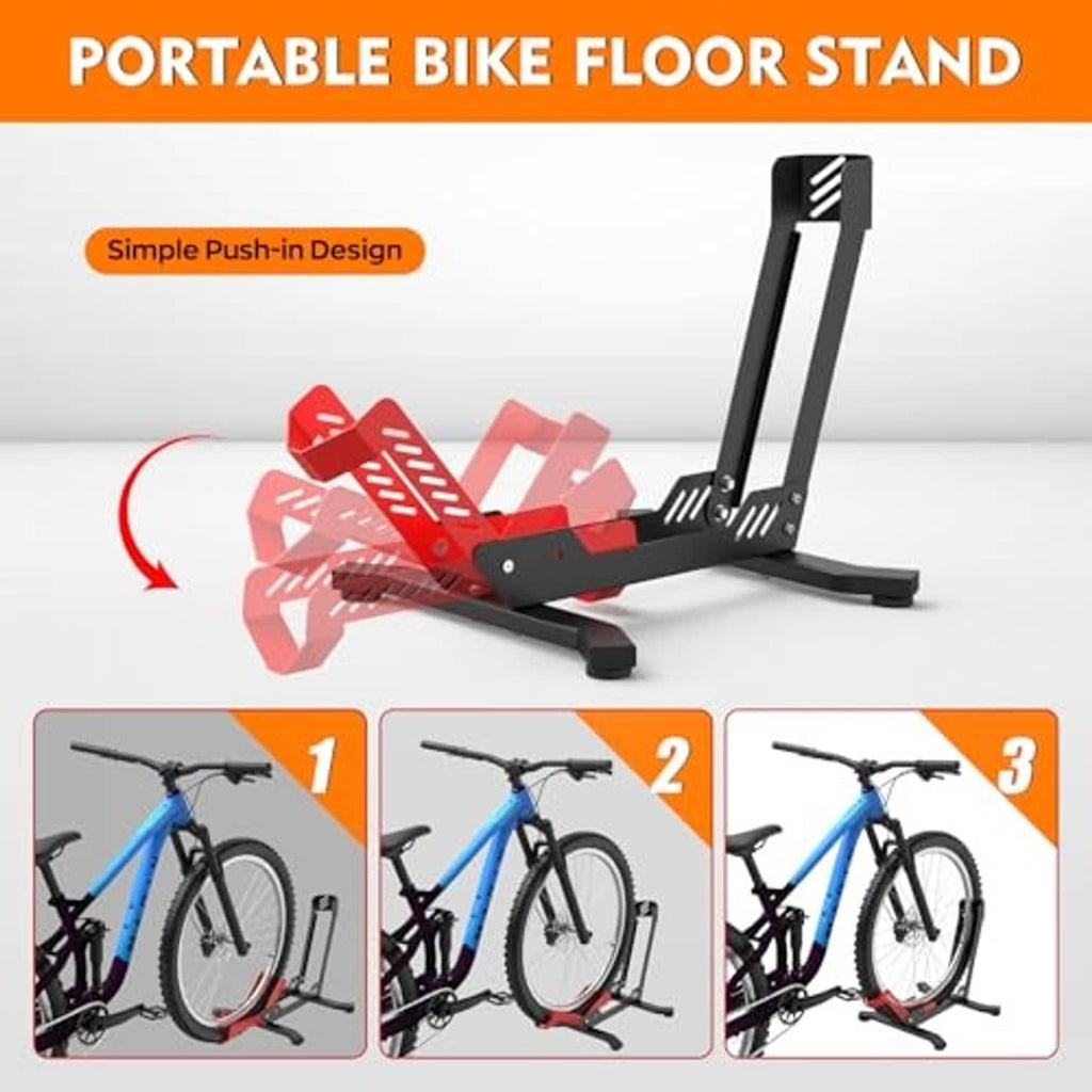 Portable bike floor stand with push-in setup, black base and red wheel support