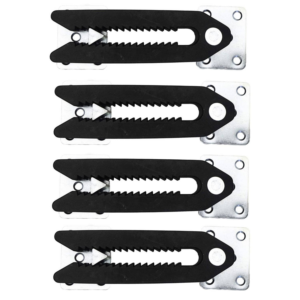 Set of black and silver sofa slide connector clamps with serrated grip arms and holes