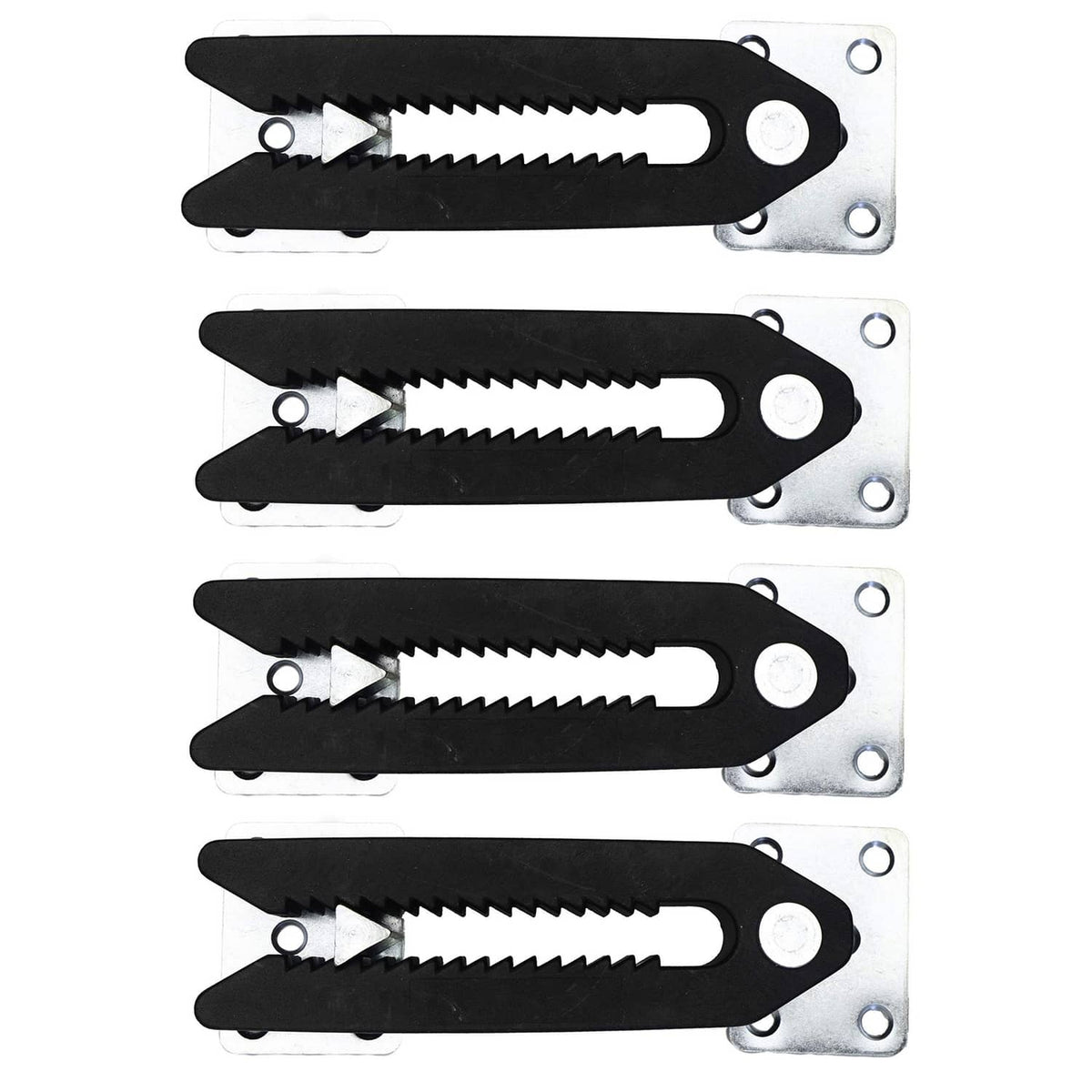 Set of black and silver sofa slide connector clamps with serrated grip arms and holes