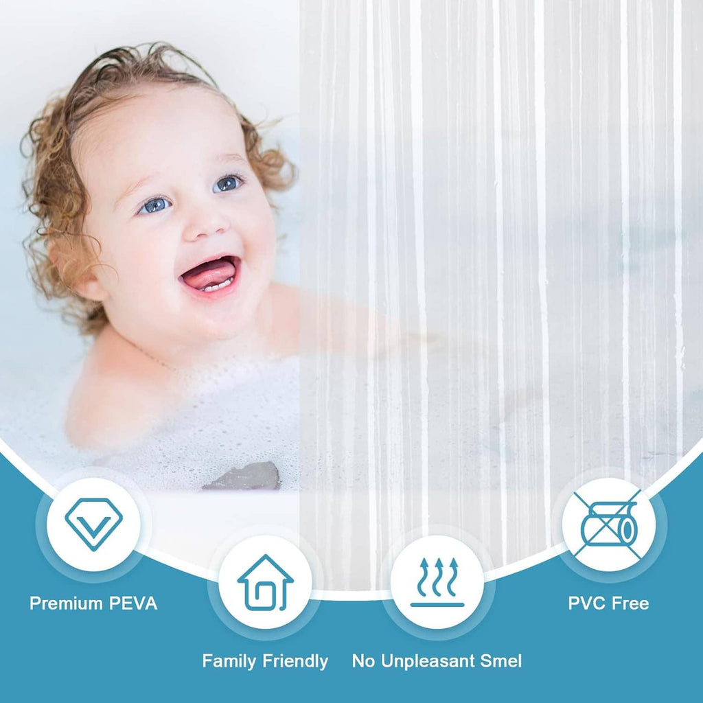 Clear shower curtain liner with weighted bottom hem to help keep water in