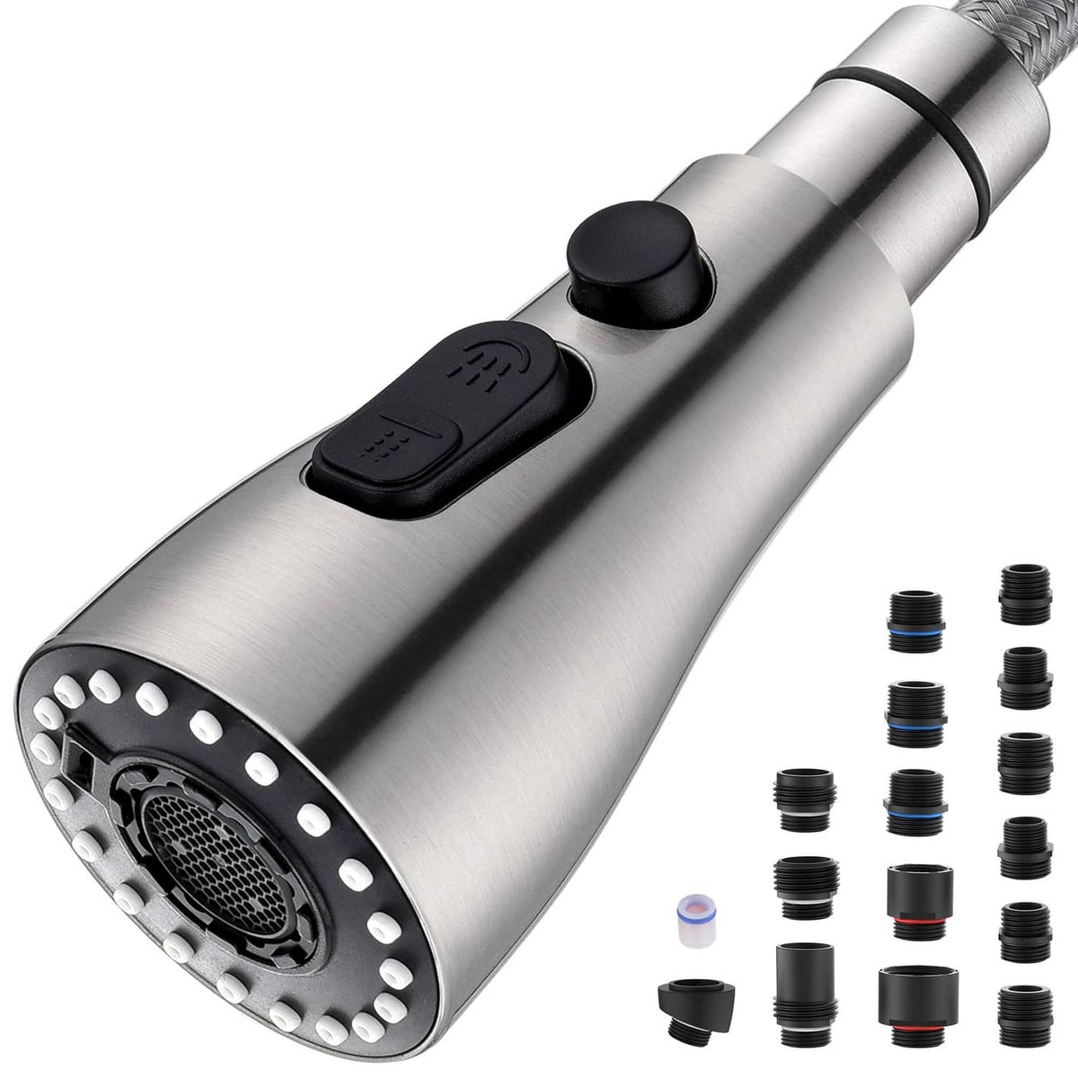 Brushed nickel kitchen faucet sprayer head with black control buttons and spray nozzle tip