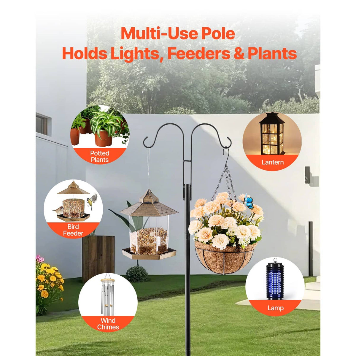 Multi-use outdoor pole with dual hooks for hanging bird feeder, lantern, or lights