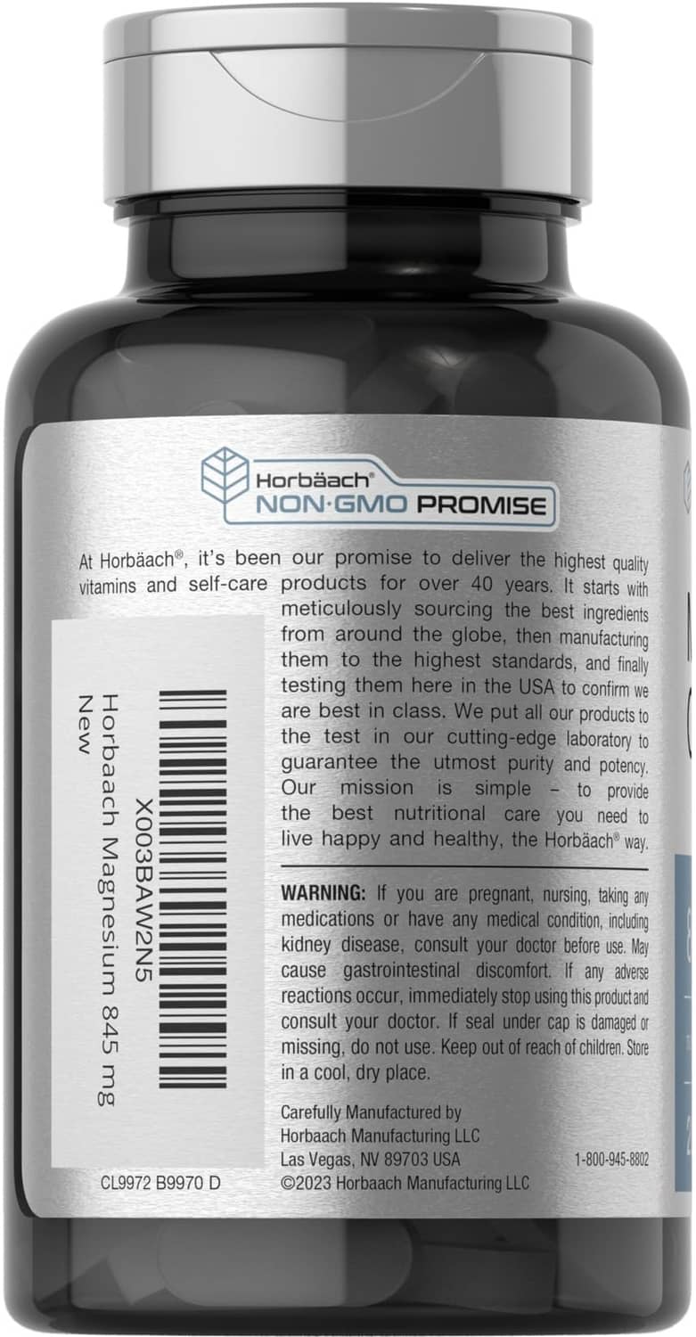 Magnesium oxide supplement bottle with barcode and manufacturer information on back label