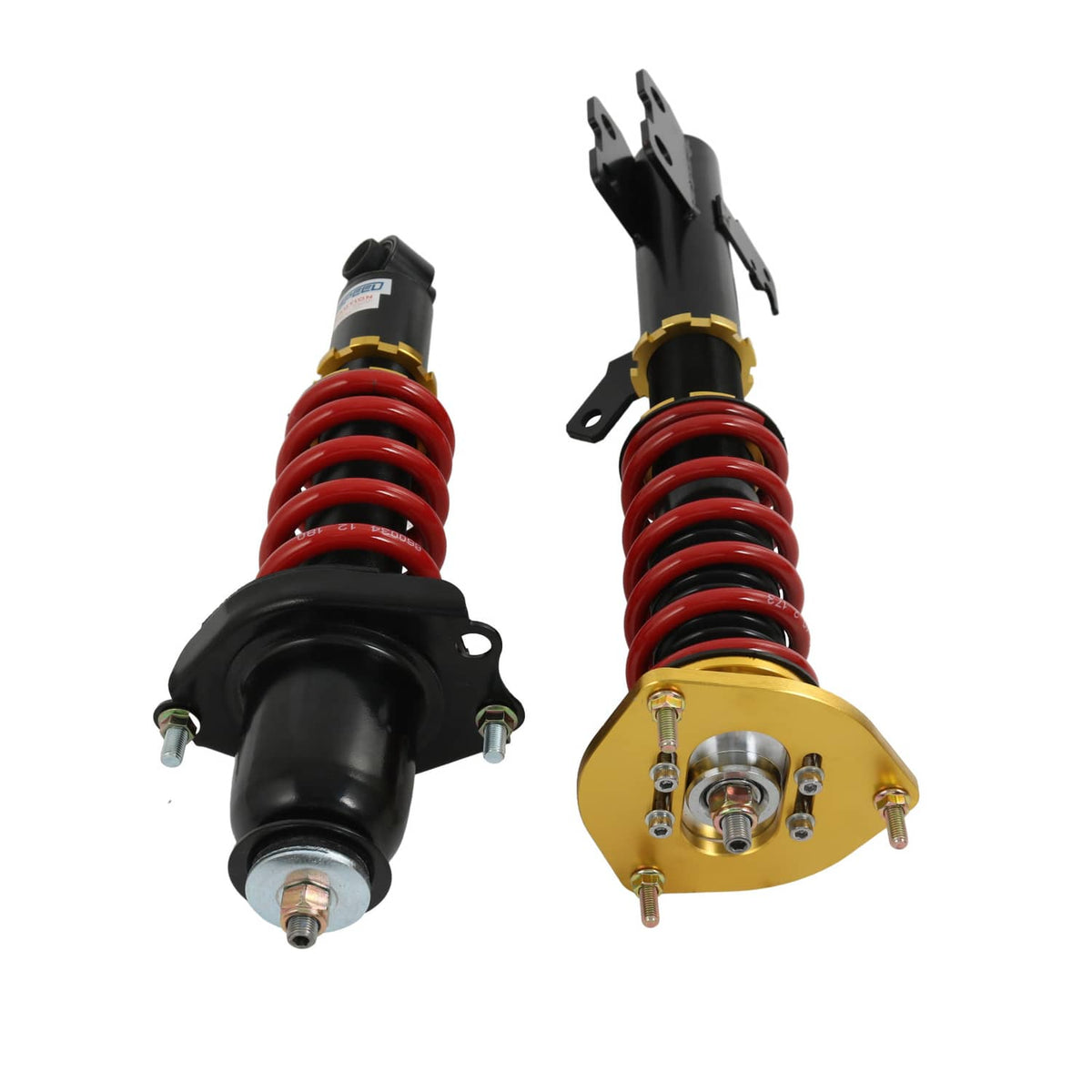 Front coilover pair with red springs, black dampers, and gold upper spring seats