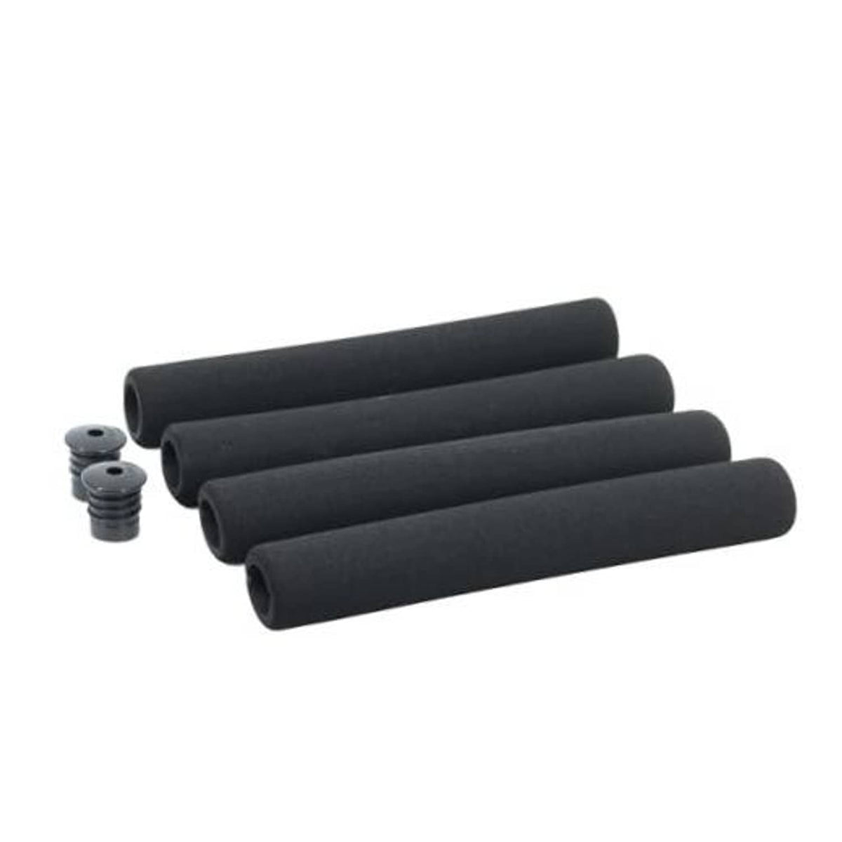 Set of black foam bicycle handlebar grips with bar-end caps and screws, soft cushioned cylinders