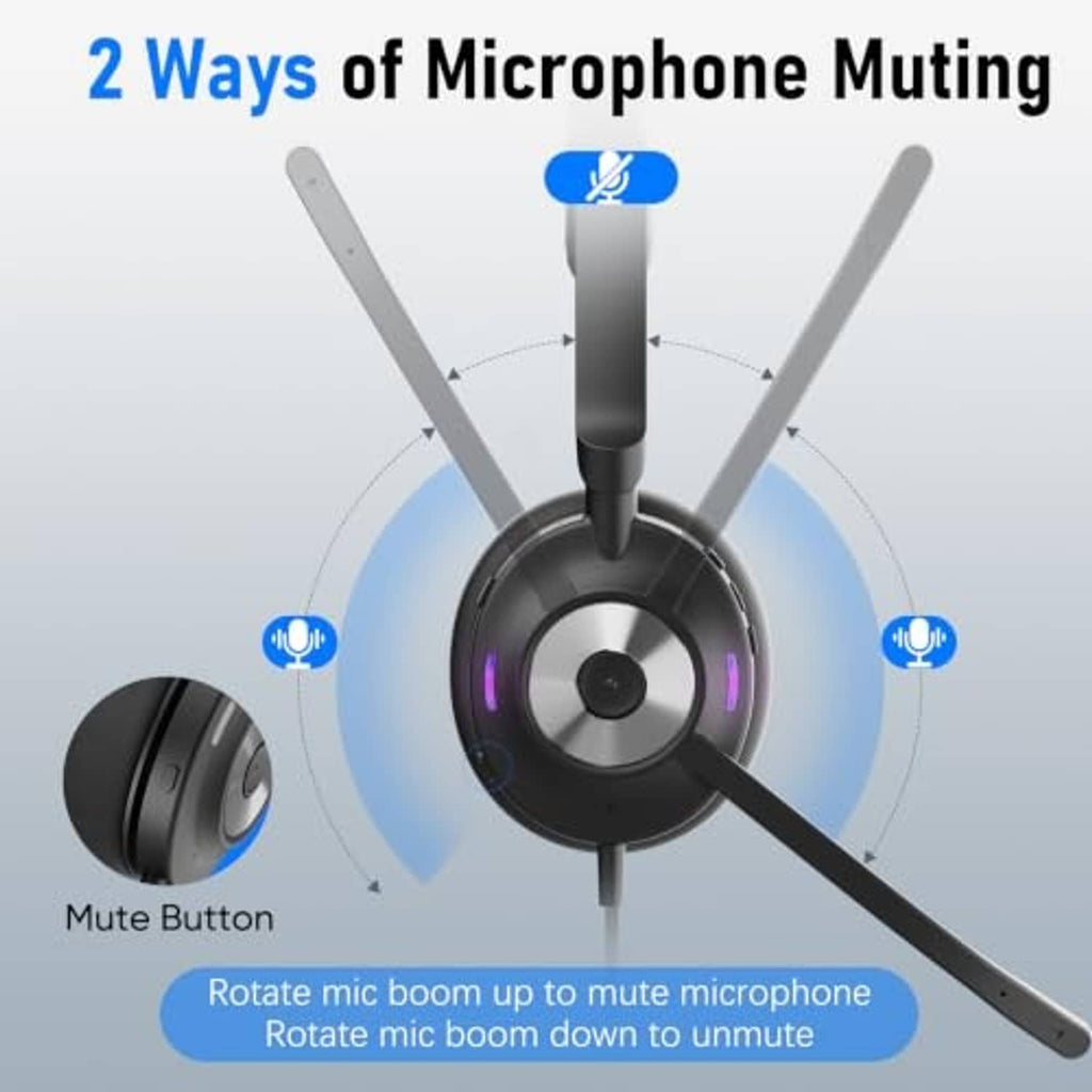 Black over-ear headset with boom microphone and rotate-to-mute mechanism