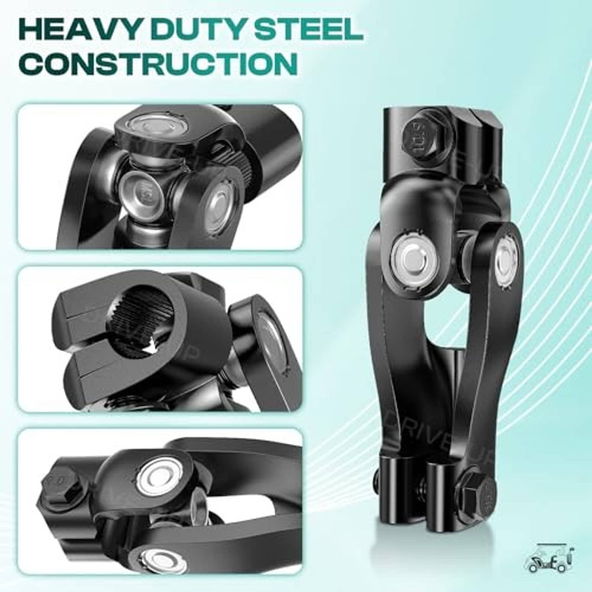 Black heavy-duty steel steering yoke with adjustment points and visible bearings