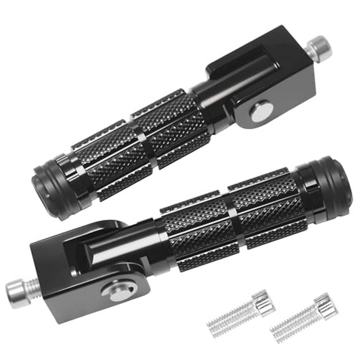 Black CNC-style motorcycle foot pegs with foldable plates and knurled grip sleeves