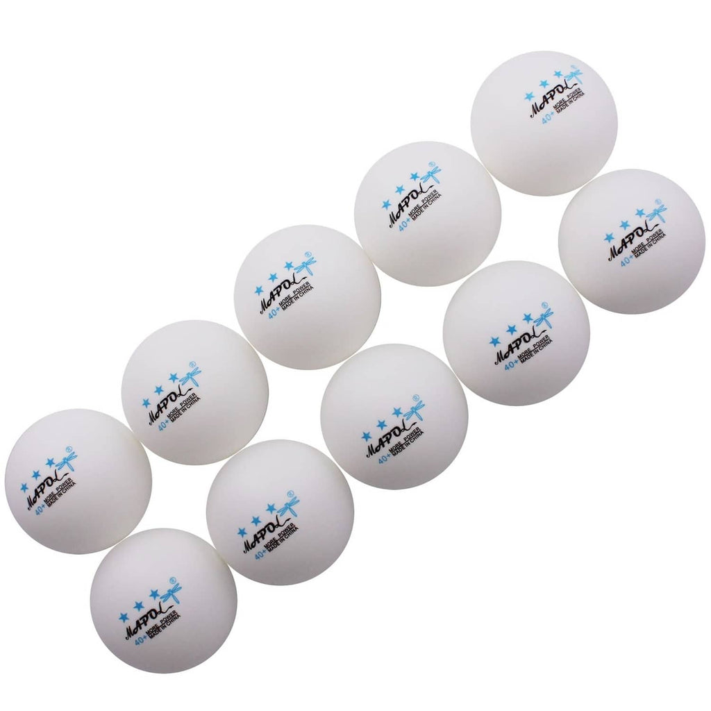 Assorted white 3-star table tennis balls with blue logo print