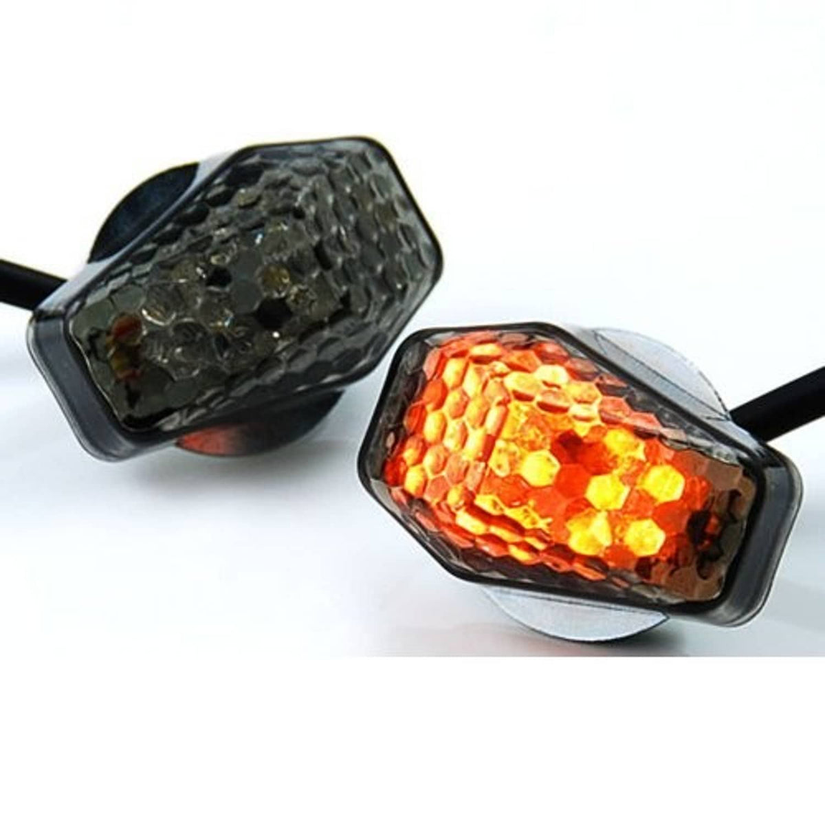 Amber LED turn signal indicators with smoke lenses and black wires, side view pair