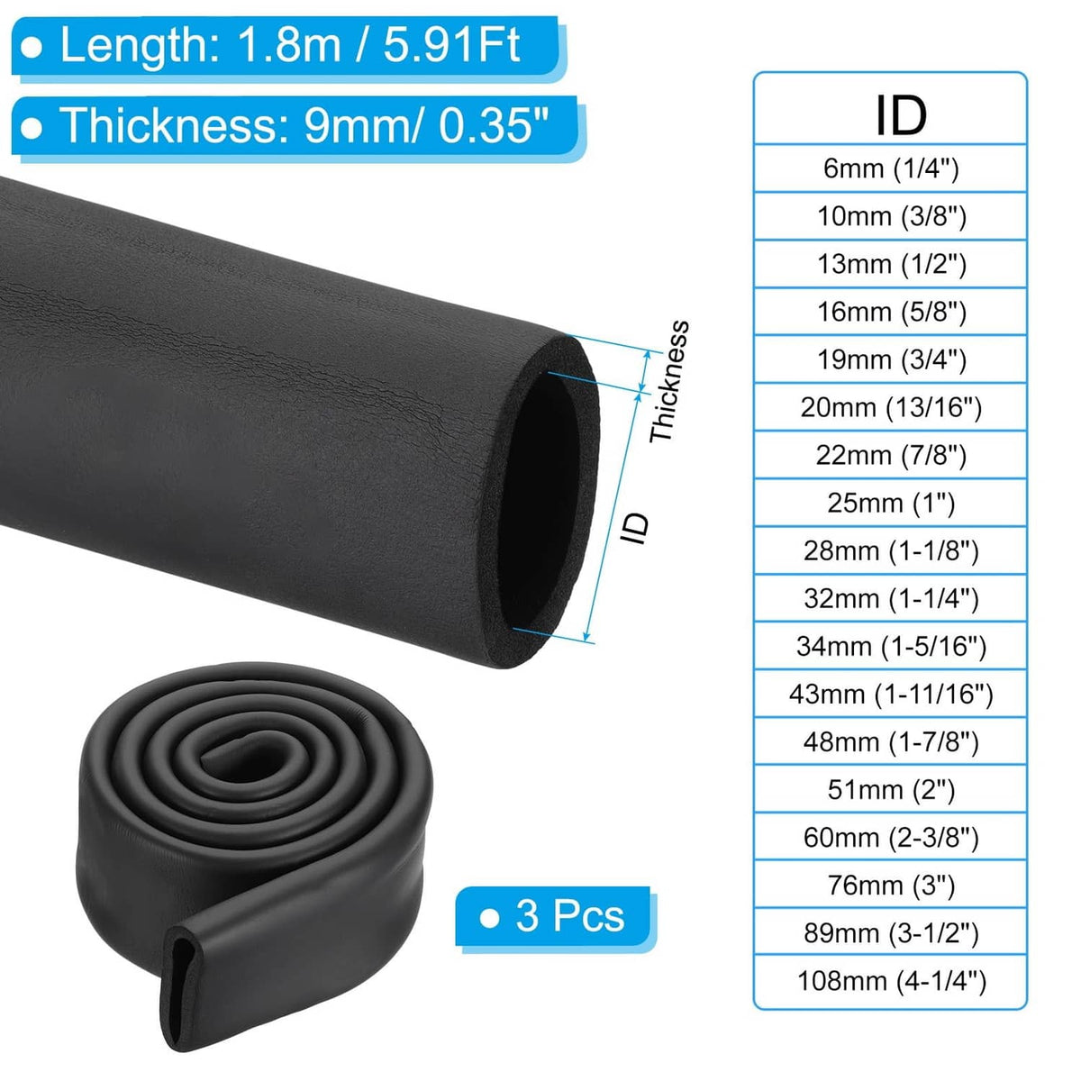 Dark gray pipe insulation foam tubing set with rolled piece, hollow ends