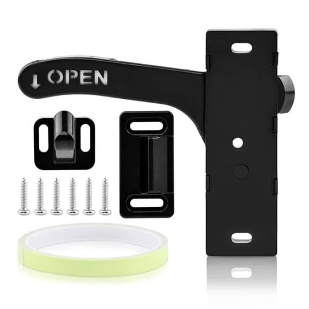 Black RV screen door latch with 'OPEN' lever, screw set, and adhesive tape