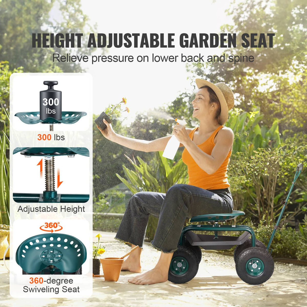 Green garden cart with adjustable height, swiveling seat, and four rugged wheels