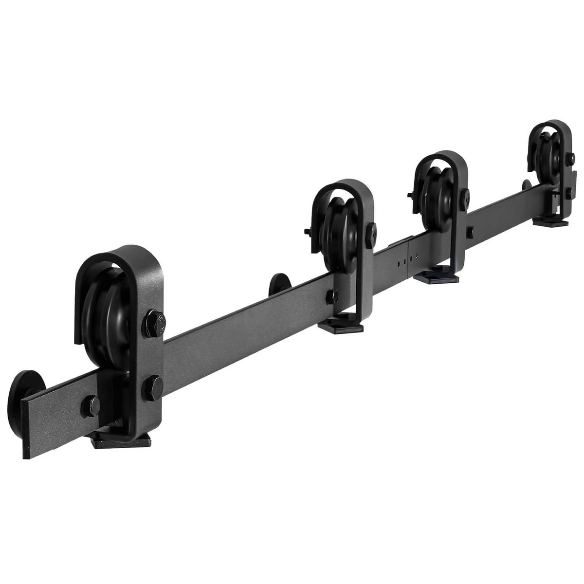 Bi-fold barn door track hardware kit with four roller hangers and end mounting bracket