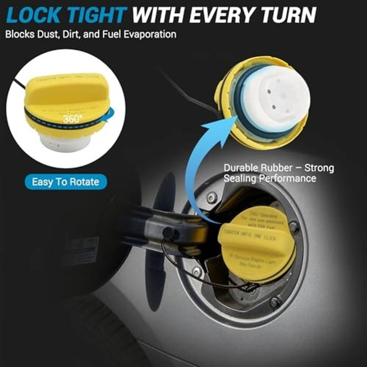 Yellow fuel tank gas cap with blue gasket ring and black tether