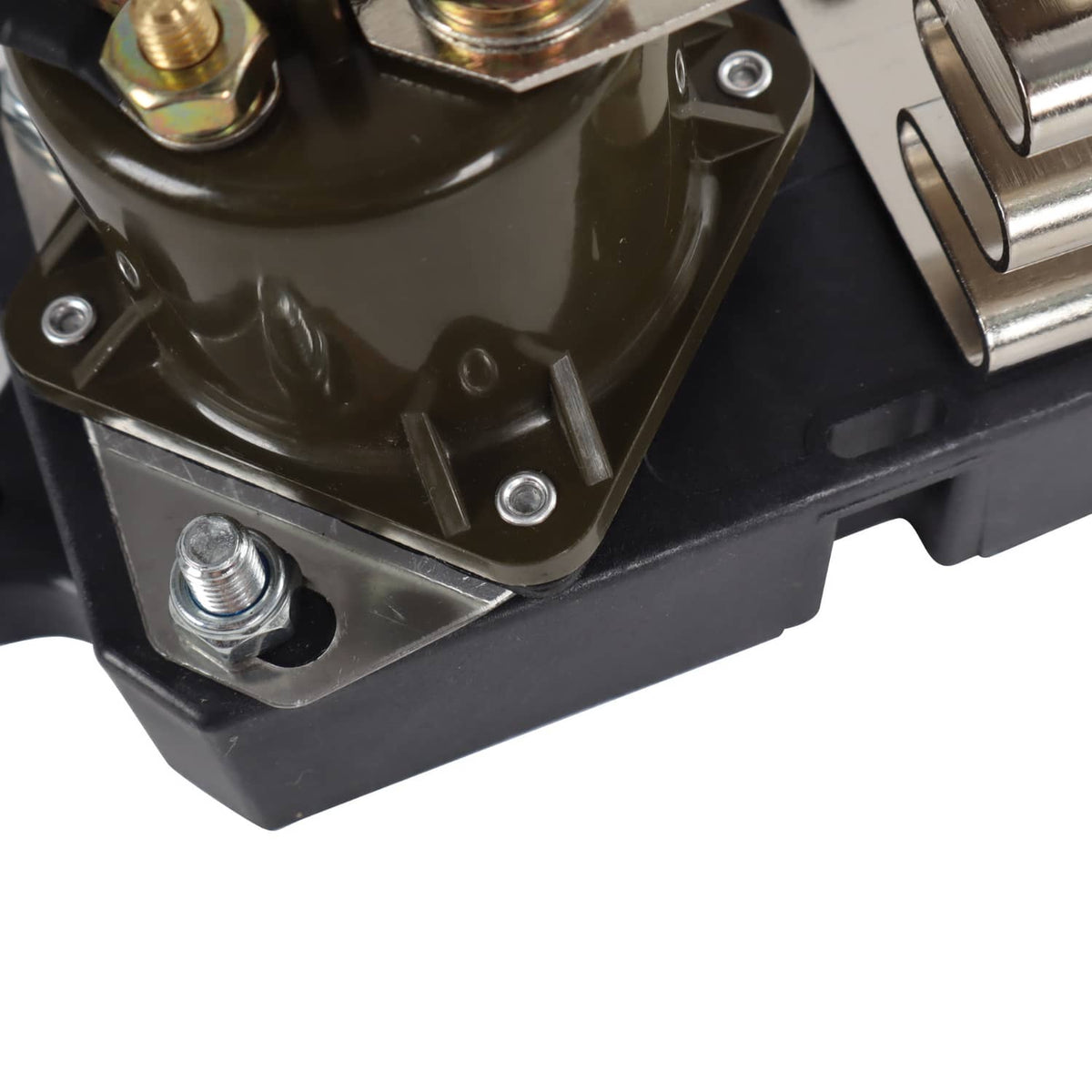 Close-up of glow plug relay controller base with bolts, wiring terminals, and metal bracket