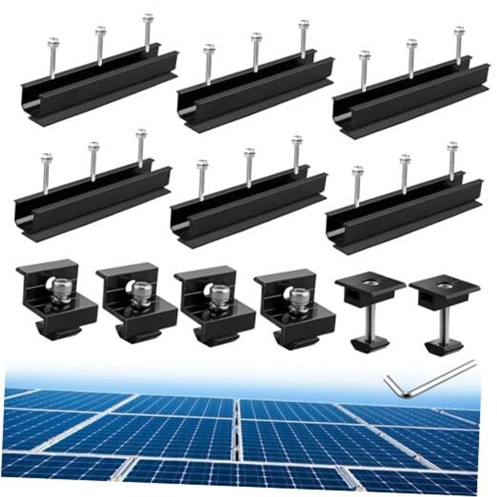 Solar panel mounting rail brackets kit with black rails, stainless bolts, and clamps