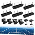 Solar panel mounting rail brackets kit with black rails, stainless bolts, and clamps