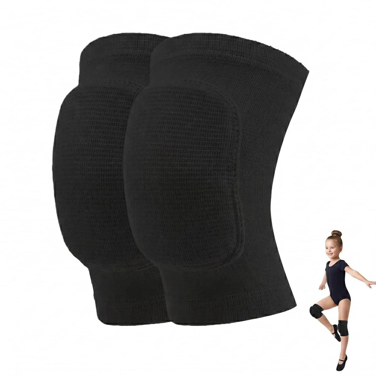 Black volleyball knee pad sleeves, pair of two rounded compression pads with knit texture.