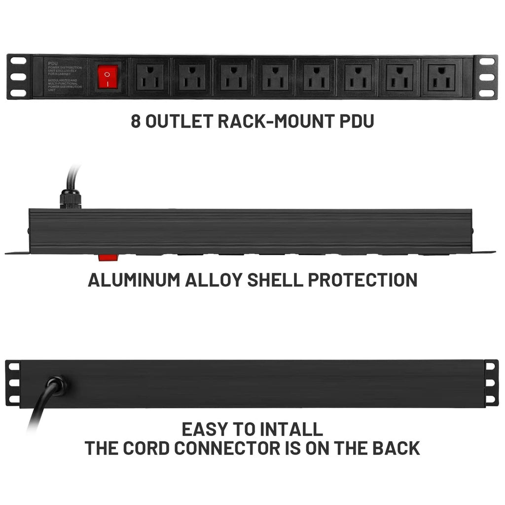 8-outlet rack-mount PDU with metal housing and front outlet panel