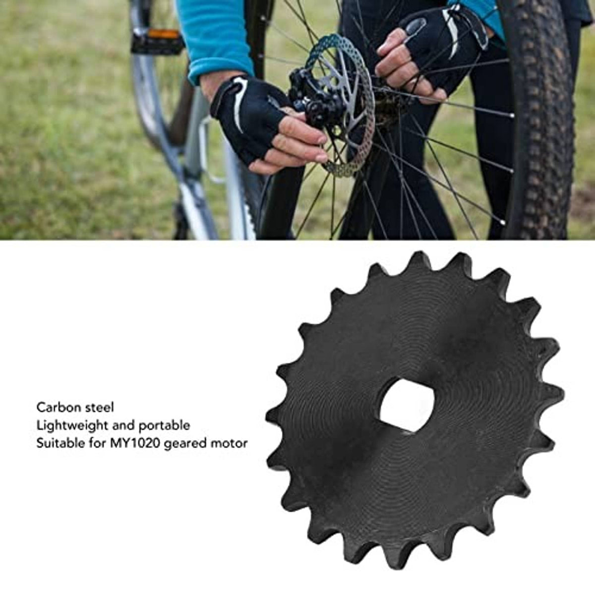 20-tooth carbon steel motor sprocket with center bore and evenly spaced teeth