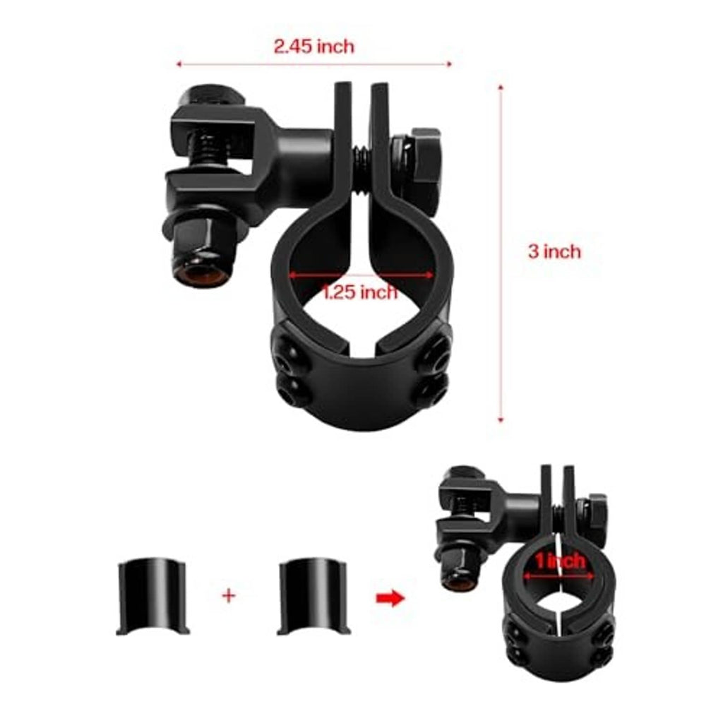 Black motorcycle clamp mounting bracket with U ring, spacers, and bolts