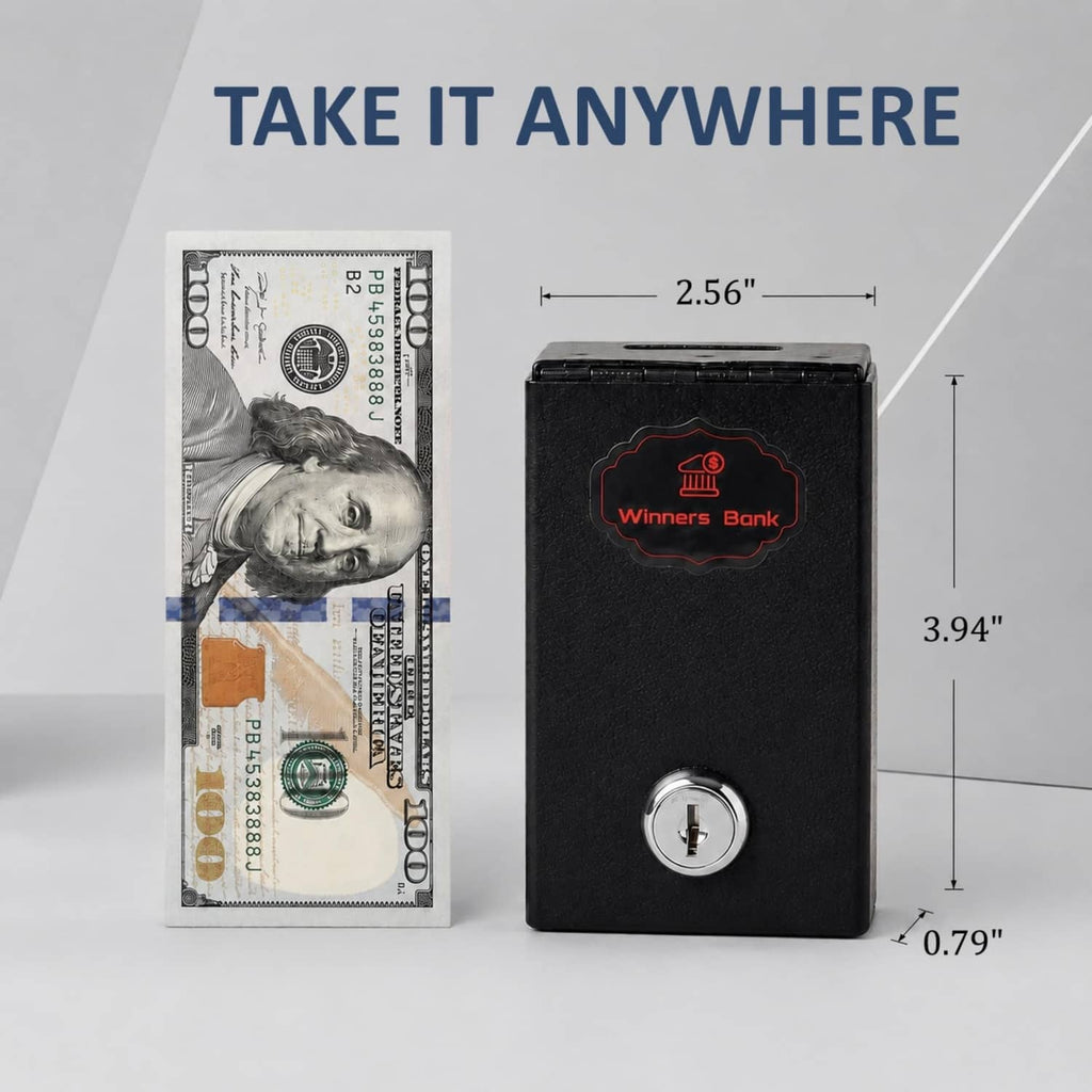 Black metal money box with key lock, open top compartment with banknotes