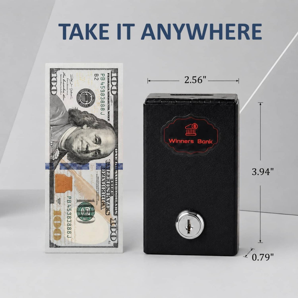 Black metal money box with key lock, open top compartment with banknotes