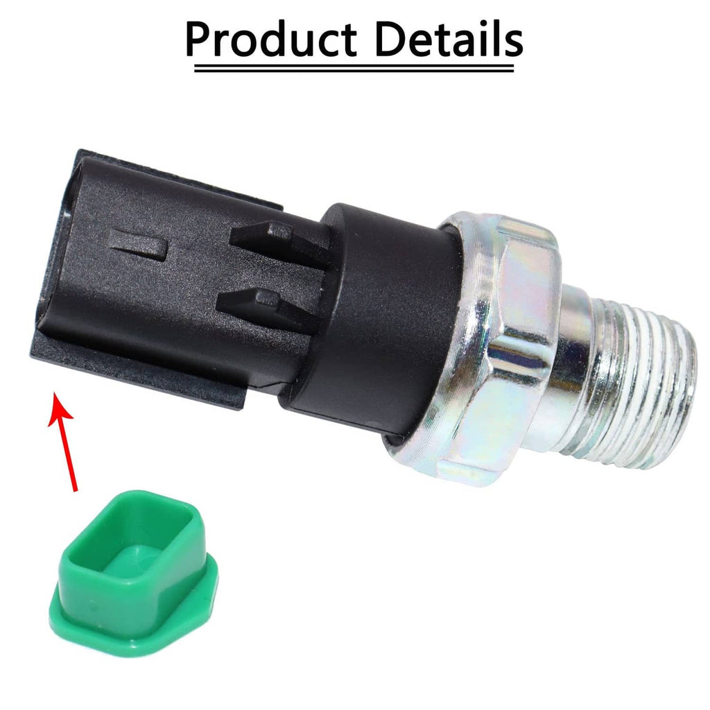 Engine oil pressure sensor with black connector, silver threads, and green protection cover