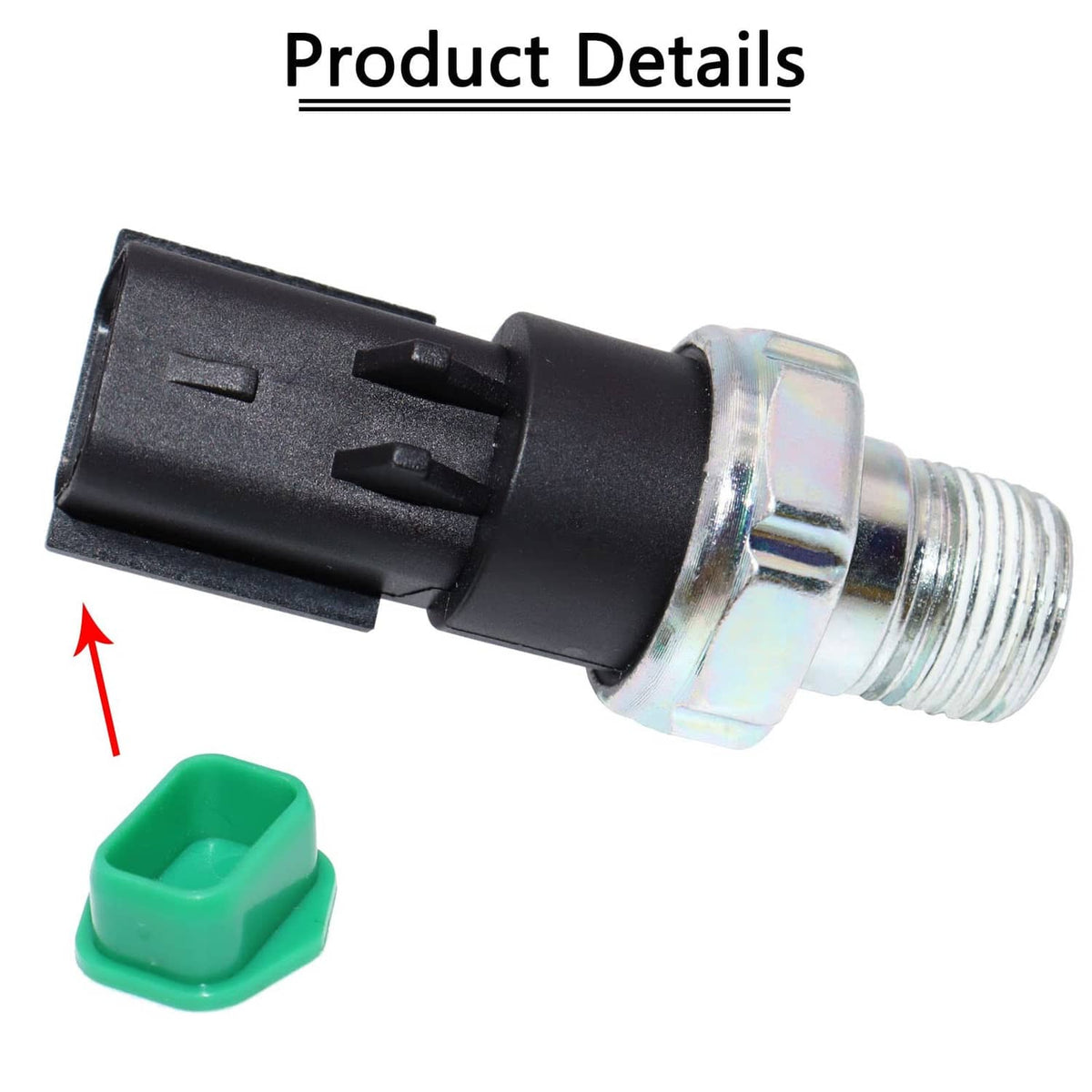 Engine oil pressure sensor with black connector, silver threads, and green protection cover