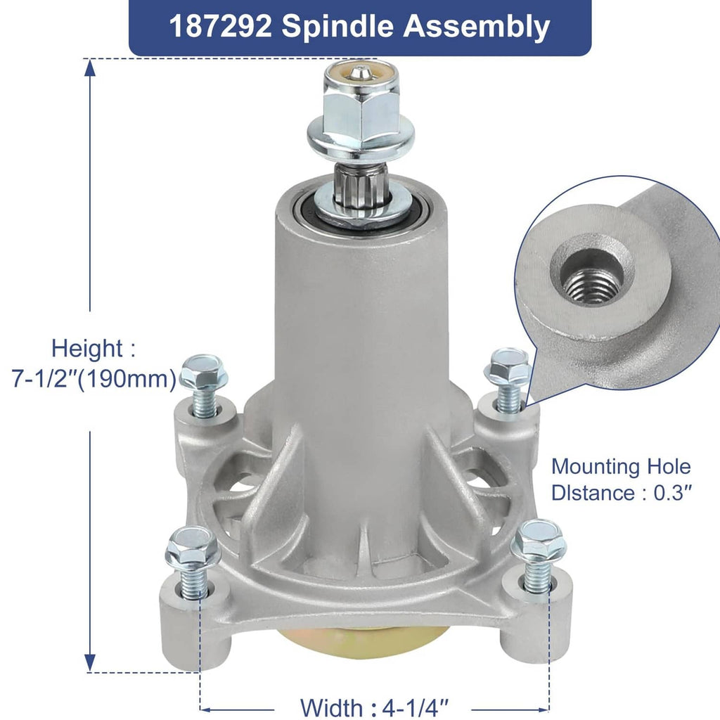 Silver mower spindle assembly with mounting brackets and threaded shaft