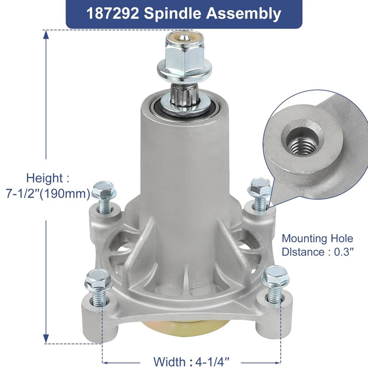 Silver mower spindle assembly with mounting brackets and threaded shaft